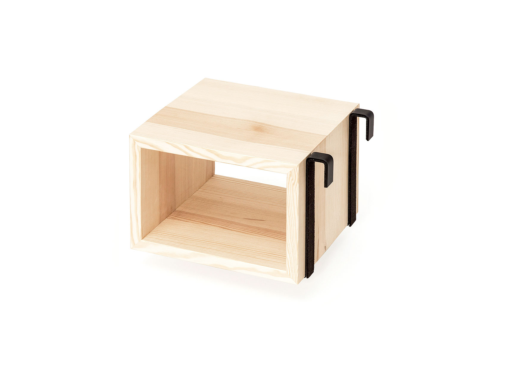 Massivholz Nachhttisch schwarze Halterungen vor weißem Hintergrund